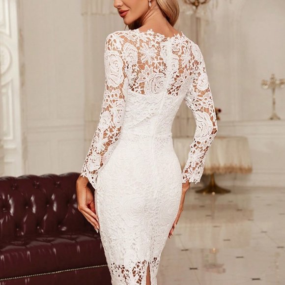 White Preppy Womens Guipure Lace Overlay Bodycon Dress - Picture 3 of 5